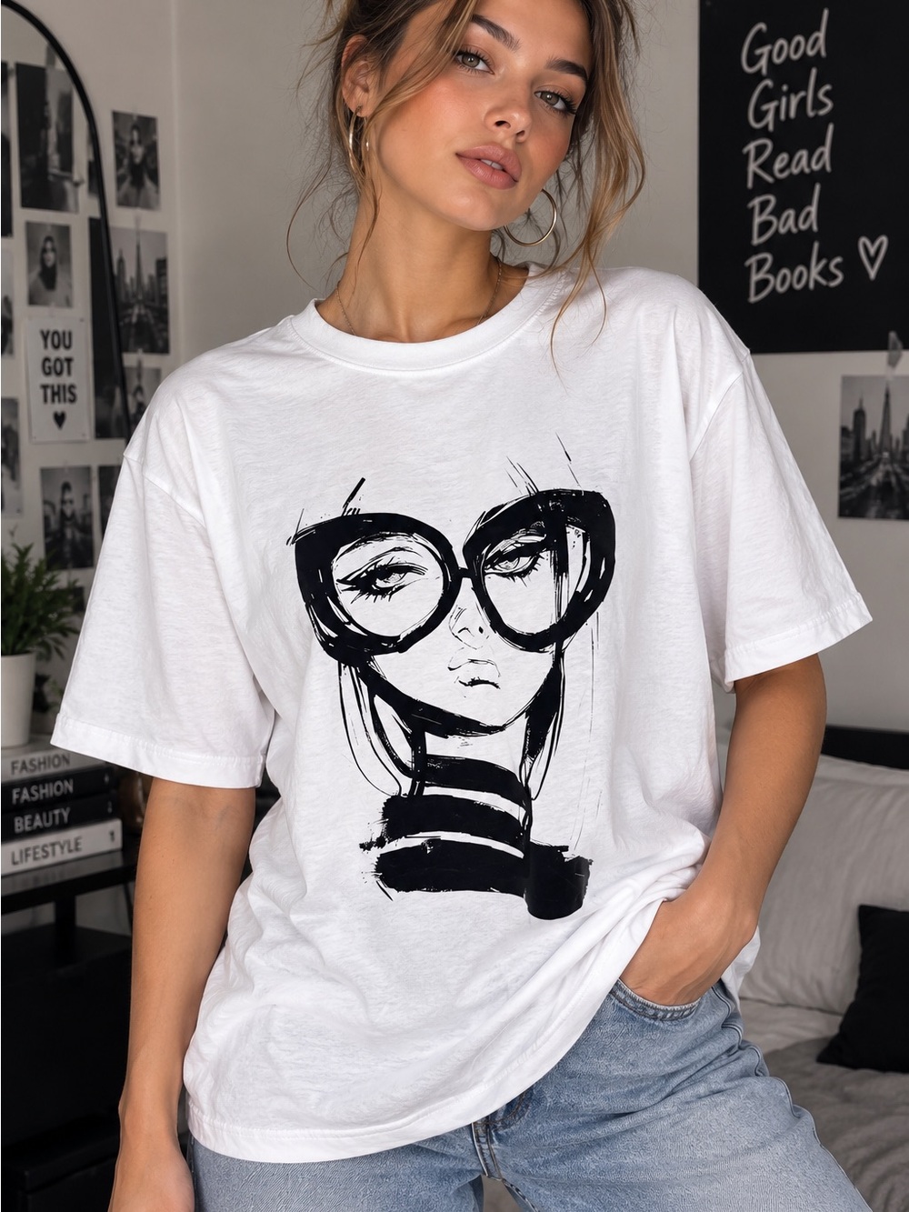 White Graphic Tee with Black Sketch Print - Women Tops
